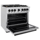 ZLINE Autograph Edition 36 in. 5.2 cu. ft. Classic Gas Range with 6 Burner Cooktop and Convection Gas Oven in Satin Stainless Steel and Matte Black Accents (CGRSZ-36-MB) side, open.