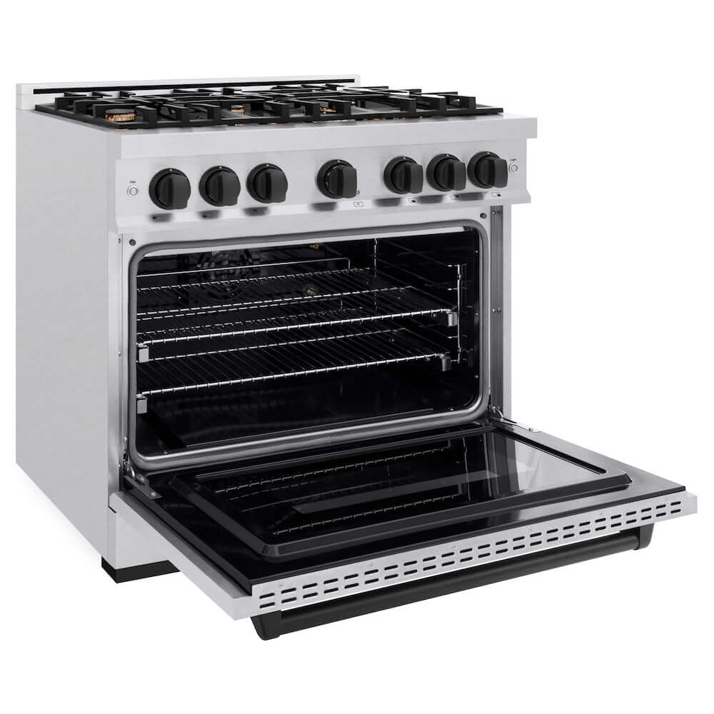 ZLINE Autograph Edition 36 in. 5.2 cu. ft. Classic Gas Range with 6 Burner Cooktop and Convection Gas Oven in Satin Stainless Steel and Matte Black Accents, Open Box-Good Condition