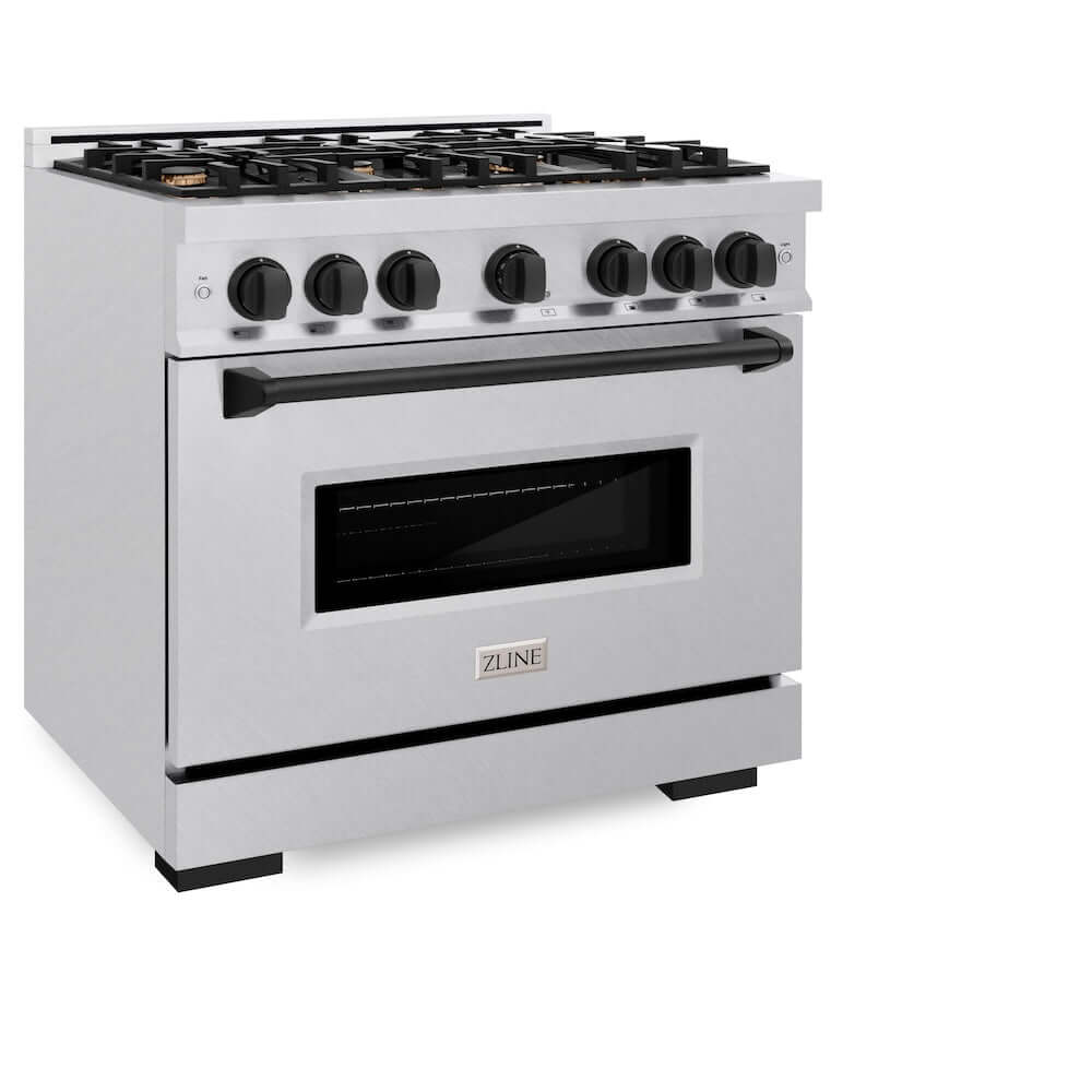 ZLINE Autograph Edition 36 in. 5.2 cu. ft. Classic Gas Range with 6 Burner Cooktop and Convection Gas Oven in Satin Stainless Steel and Matte Black Accents, Open Box-Good Condition