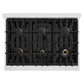 ZLINE Autograph Edition 36 in. 5.2 cu. ft. Classic Gas Range with 6 Burner Cooktop and Convection Gas Oven in Satin Stainless Steel and Matte Black Accents (CGRSZ-36-MB) top-down, above cooktop.