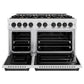 ZLINE Autograph Edition 48 in. 6.7 cu. ft. Classic Double Oven Gas Range with 8 Burner Cooktop in Satin Stainless Steel and Matte Black Accents (CGRSZ-48-MB) front, oven open.