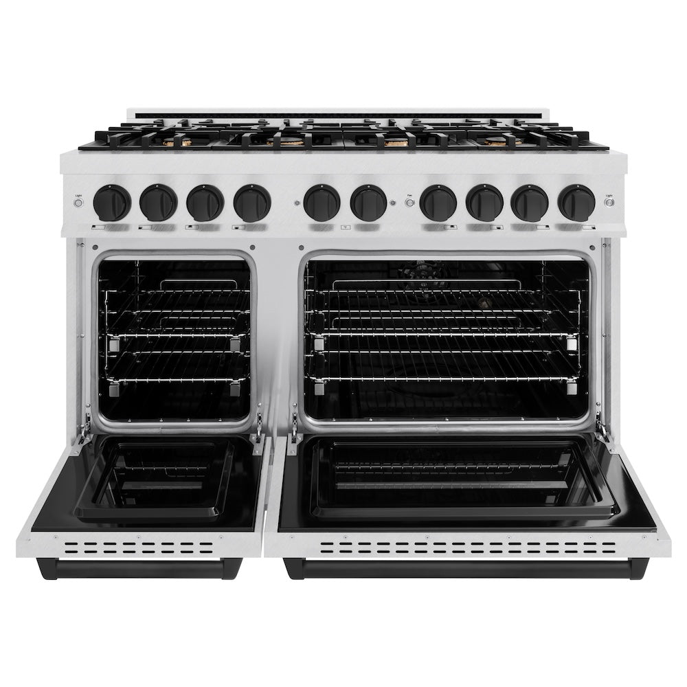 ZLINE Autograph Edition 48 in. 6.7 cu. ft. Classic Double Oven Gas Range with 8 Burner Cooktop in Satin Stainless Steel and Matte Black Accents (CGRSZ-48-MB) front, oven open.