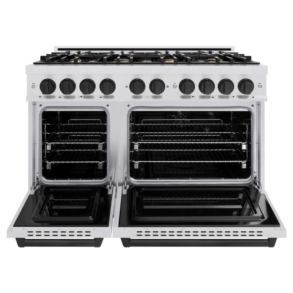 ZLINE Autograph Edition 48 in. 6.7 cu. ft. Classic Double Oven Gas Range with 8 Burner Cooktop in Satin Stainless Steel and Matte Black Accents, Open Box-Good Condition