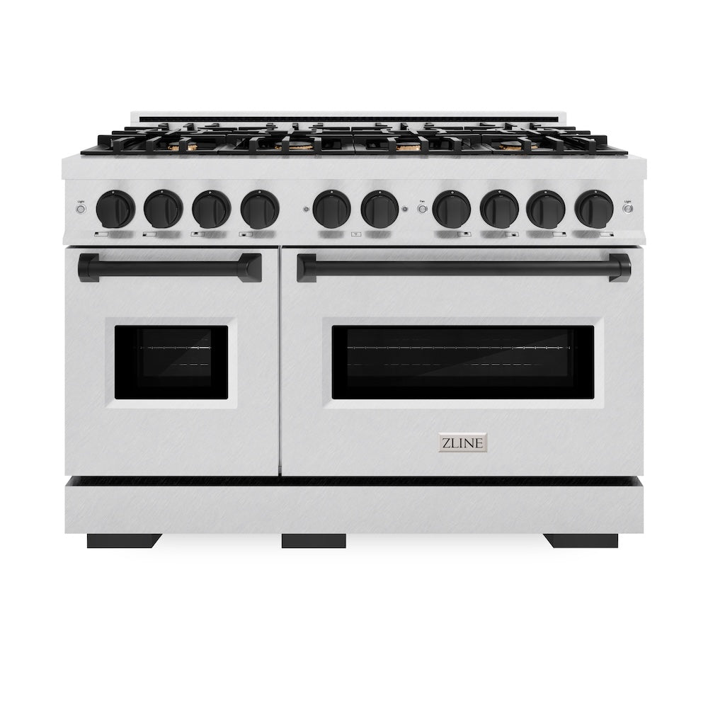 ZLINE Autograph Edition 48 in. 6.7 cu. ft. Classic Double Oven Gas Range with 8 Burner Cooktop in Satin Stainless Steel and Matte Black Accents (CGRSZ-48-MB) front.
