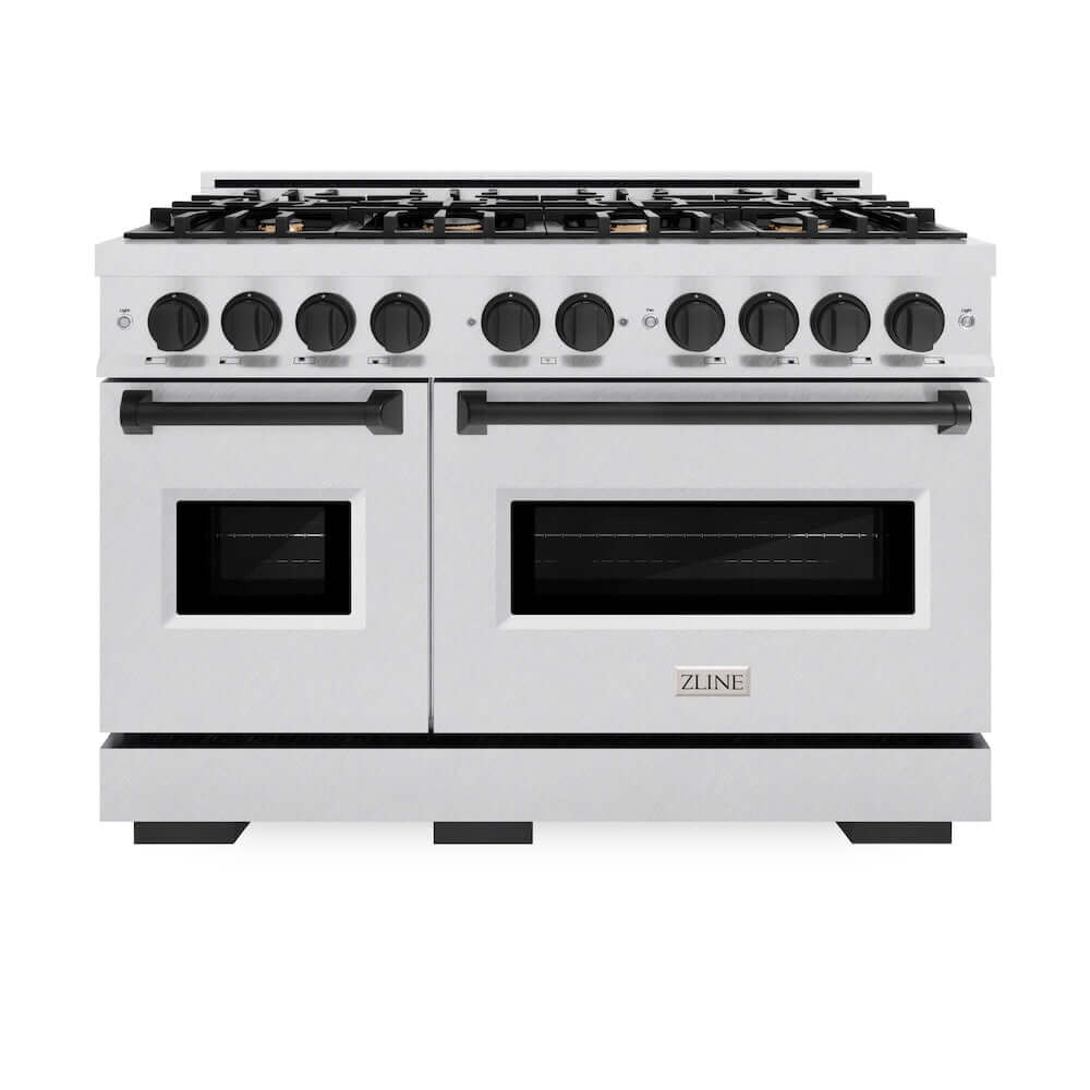 ZLINE Autograph Edition 48 in. 6.7 cu. ft. Classic Double Oven Gas Range with 8 Burner Cooktop in Satin Stainless Steel and Matte Black Accents, Open Box-Good Condition
