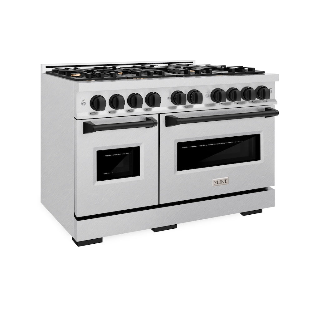 ZLINE Autograph Edition 48 in. 6.7 cu. ft. Classic Double Oven Gas Range with 8 Burner Cooktop in Satin Stainless Steel and Matte Black Accents (CGRSZ-48-MB) main image.