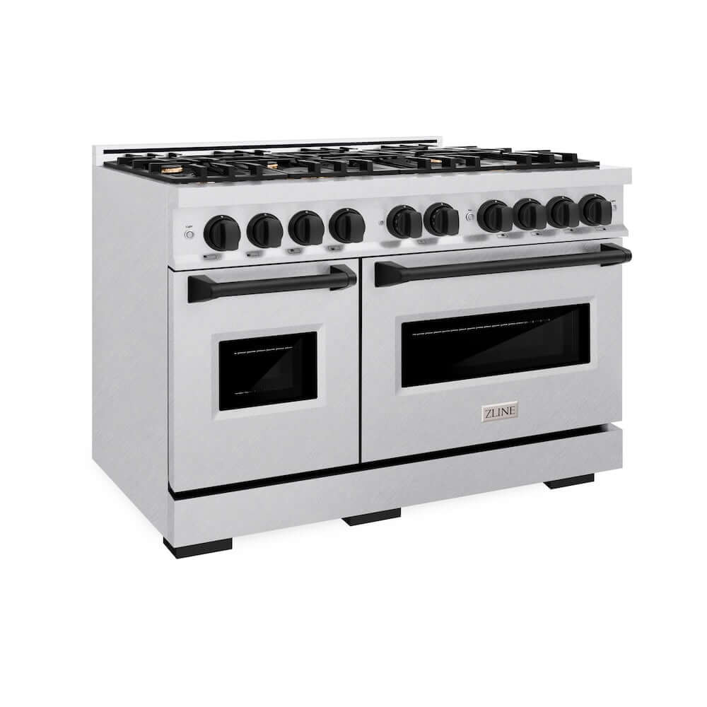 ZLINE Autograph Edition 48 in. 6.7 cu. ft. Classic Double Oven Gas Range with 8 Burner Cooktop in Satin Stainless Steel and Matte Black Accents, Open Box-Good Condition