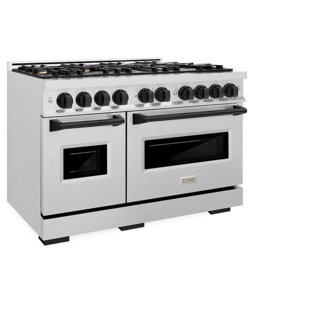 ZLINE Autograph Edition 48 in. 6.7 cu. ft. Classic Double Oven Gas Range with 8 Burner Cooktop in Satin Stainless Steel and Matte Black Accents (CGRSZ-48-MB) side.