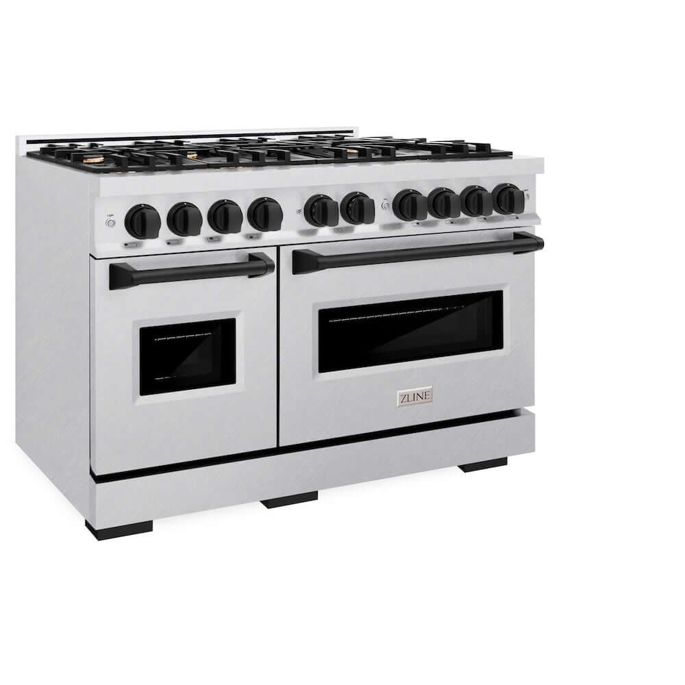ZLINE Autograph Edition 48 in. 6.7 cu. ft. Classic Double Oven Gas Range with 8 Burner Cooktop in Satin Stainless Steel and Matte Black Accents, Open Box-Good Condition
