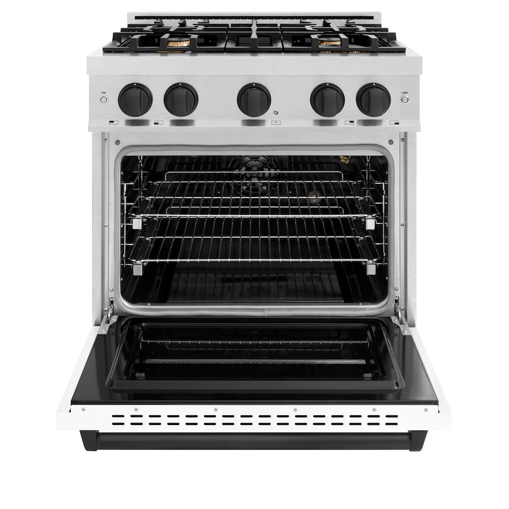 ZLINE Autograph Edition 30 in. 4.2 cu. ft. Classic Gas Range with 4 Burner Cooktop and Convection Gas Oven in Satin Stainless Steel with White Matte Door and Matte Black Accents (CGRSZ-WM-30-MB) front, oven open.