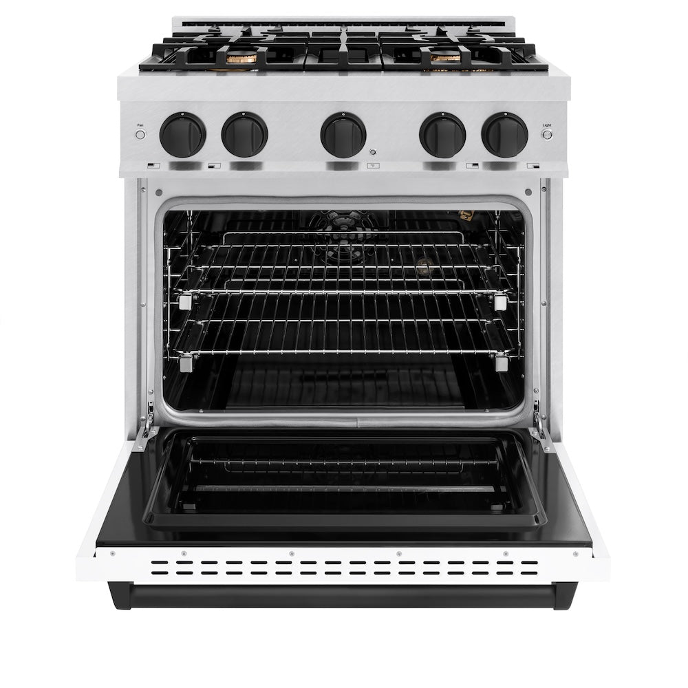ZLINE Autograph Edition 30 in. 4.2 cu. ft. Classic Gas Range with 4 Burner Cooktop and Convection Gas Oven in Satin Stainless Steel with White Matte Door and Matte Black Accents, Open Box-Great Condition