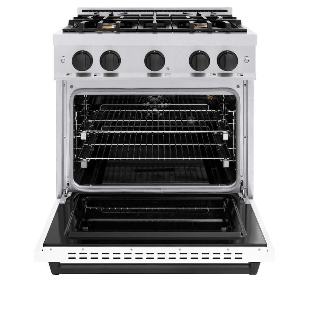 ZLINE Autograph Edition 30 in. 4.2 cu. ft. Classic Gas Range with 4 Burner Cooktop and Convection Gas Oven in Satin Stainless Steel with White Matte Door and Matte Black Accents, Open Box-Good Condition
