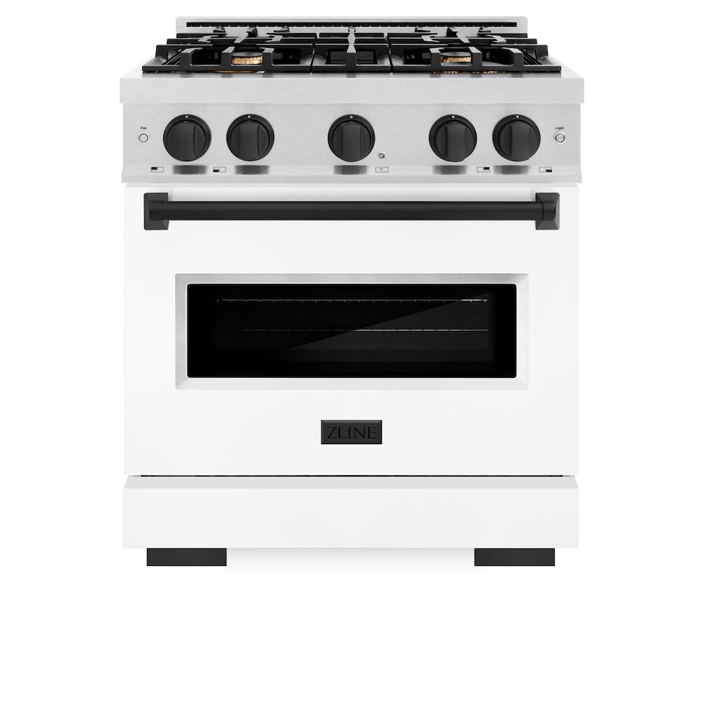 ZLINE Autograph Edition 30 in. 4.2 cu. ft. Classic Gas Range with 4 Burner Cooktop and Convection Gas Oven in Satin Stainless Steel with White Matte Door and Matte Black Accents (CGRSZ-WM-30-MB) front.