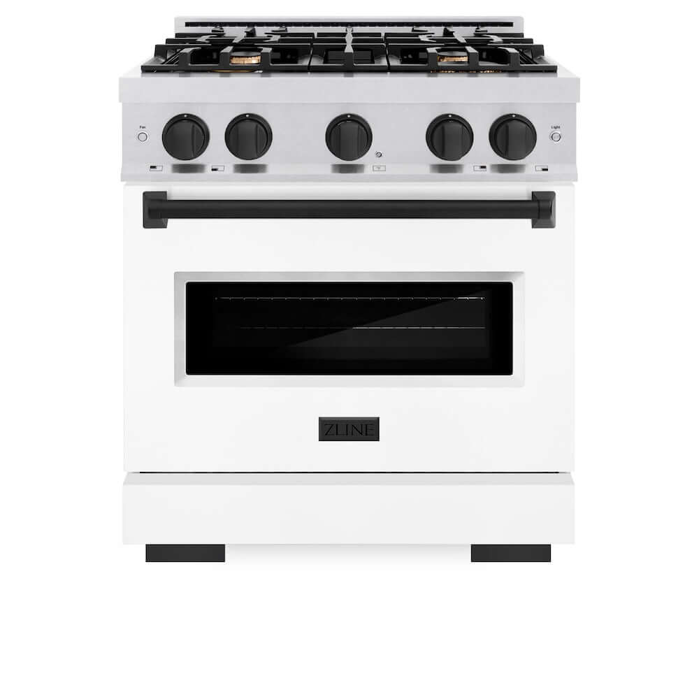 ZLINE Autograph Edition 30 in. 4.2 cu. ft. Classic Gas Range with 4 Burner Cooktop and Convection Gas Oven in Satin Stainless Steel with White Matte Door and Matte Black Accents, Open Box-Good Condition