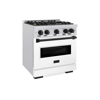 ZLINE Autograph Edition 30 in. 4.2 cu. ft. Classic Gas Range with 4 Burner Cooktop and Convection Gas Oven in Satin Stainless Steel with White Matte Door and Matte Black Accents, Open Box-Good Condition