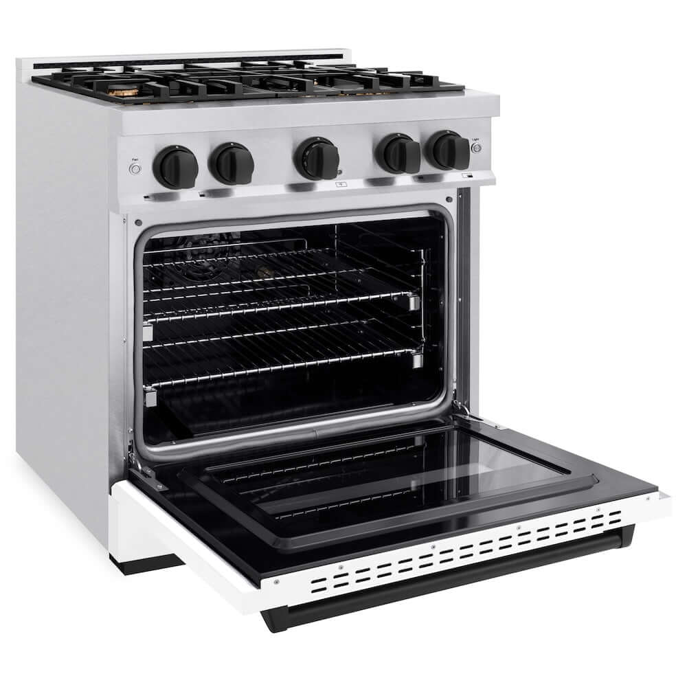 ZLINE Autograph Edition 30 in. 4.2 cu. ft. Classic Gas Range with 4 Burner Cooktop and Convection Gas Oven in Satin Stainless Steel with White Matte Door and Matte Black Accents, Open Box-Good Condition