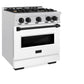 ZLINE Autograph Edition 30 in. 4.2 cu. ft. Classic Gas Range with 4 Burner Cooktop and Convection Gas Oven in Satin Stainless Steel with White Matte Door and Matte Black Accents (CGRSZ-WM-30-MB) side.