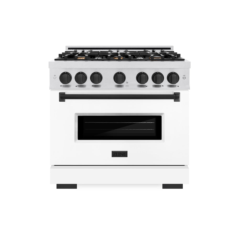 ZLINE Autograph Edition 36 in. 5.2 cu. ft. Classic Gas Range with 6 Burner Cooktop and Convection Gas Oven in Satin Stainless Steel with White Matte Door and Matte Black Accents, Open Box-Great Condition