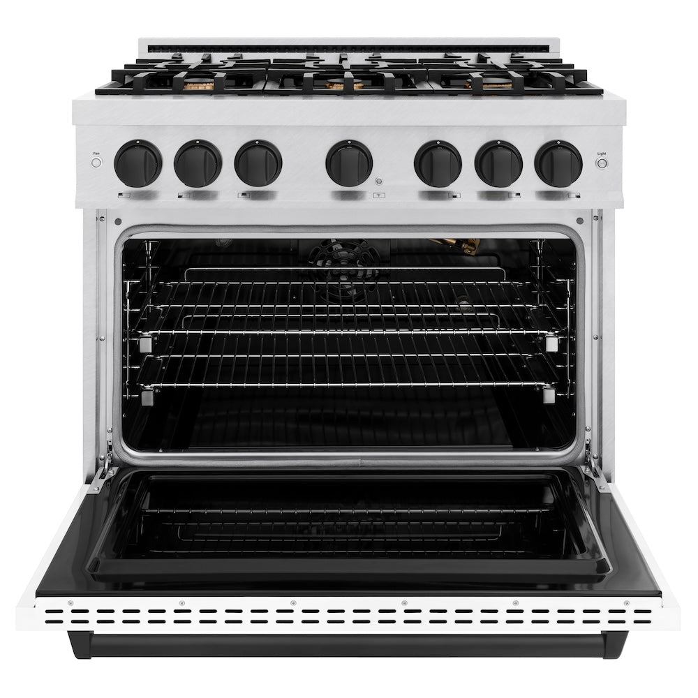 ZLINE Autograph Edition 36 in. 5.2 cu. ft. Classic Gas Range with 6 Burner Cooktop and Convection Gas Oven in Satin Stainless Steel with White Matte Door and Matte Black Accents (CGRSZ-WM-36-MB) front, oven open.