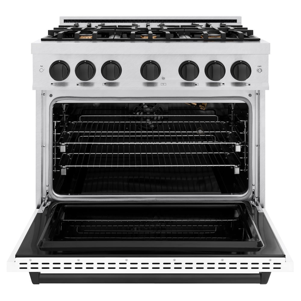 ZLINE Autograph Edition 36 in. 5.2 cu. ft. Classic Gas Range with 6 Burner Cooktop and Convection Gas Oven in Satin Stainless Steel with White Matte Door and Matte Black Accents, Open Box-Great Condition