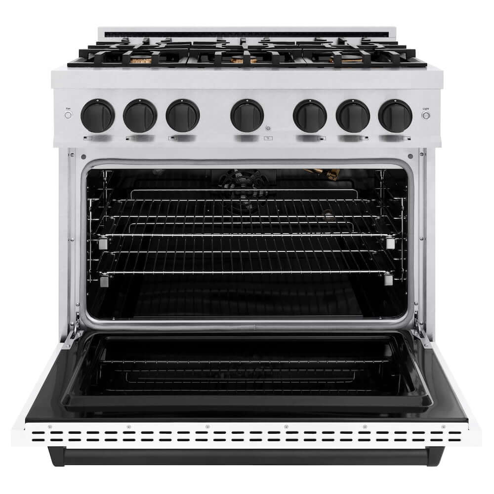 ZLINE Autograph Edition 36 in. 5.2 cu. ft. Classic Gas Range with 6 Burner Cooktop and Convection Gas Oven in Satin Stainless Steel with White Matte Door and Matte Black Accents, Open Box-Good Condition