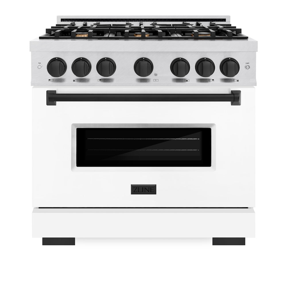 ZLINE Autograph Edition 36 in. 5.2 cu. ft. Classic Gas Range with 6 Burner Cooktop and Convection Gas Oven in Satin Stainless Steel with White Matte Door and Matte Black Accents (CGRSZ-WM-36-MB) front.