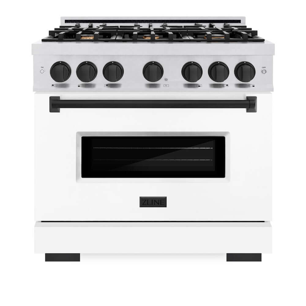 ZLINE Autograph Edition 36 in. 5.2 cu. ft. Classic Gas Range with 6 Burner Cooktop and Convection Gas Oven in Satin Stainless Steel with White Matte Door and Matte Black Accents, Open Box-Good Condition