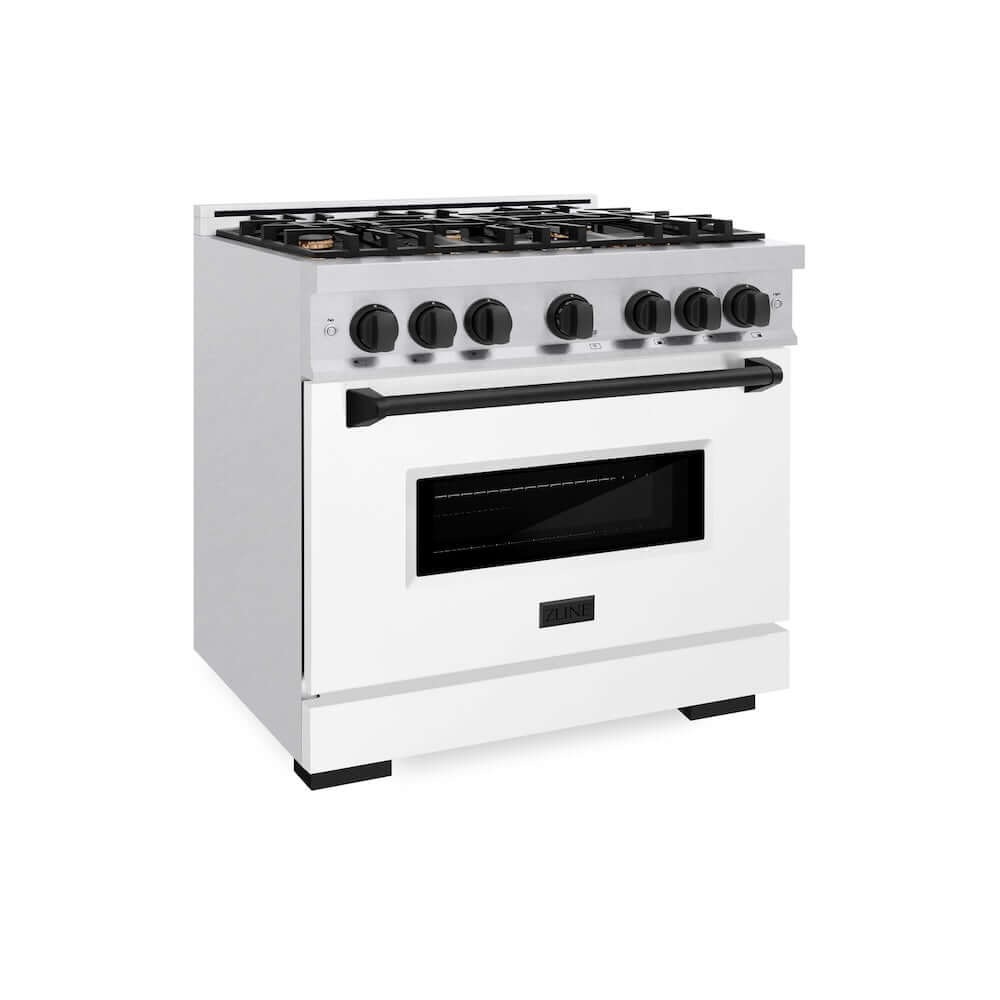 ZLINE Autograph Edition 36 in. 5.2 cu. ft. Classic Gas Range with 6 Burner Cooktop and Convection Gas Oven in Satin Stainless Steel with White Matte Door and Matte Black Accents, Open Box-Good Condition