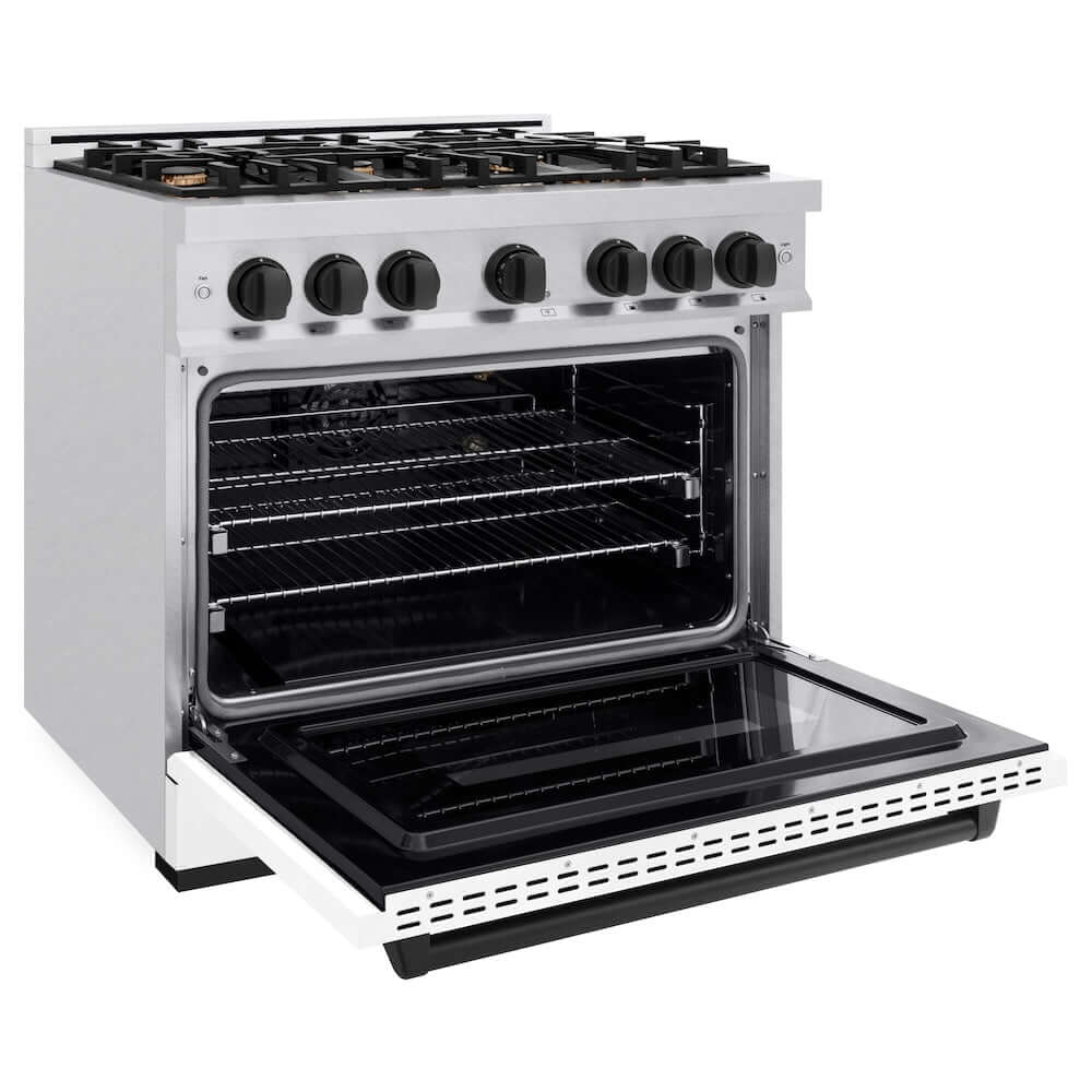 ZLINE Autograph Edition 36 in. 5.2 cu. ft. Classic Gas Range with 6 Burner Cooktop and Convection Gas Oven in Satin Stainless Steel with White Matte Door and Matte Black Accents, Open Box-Good Condition