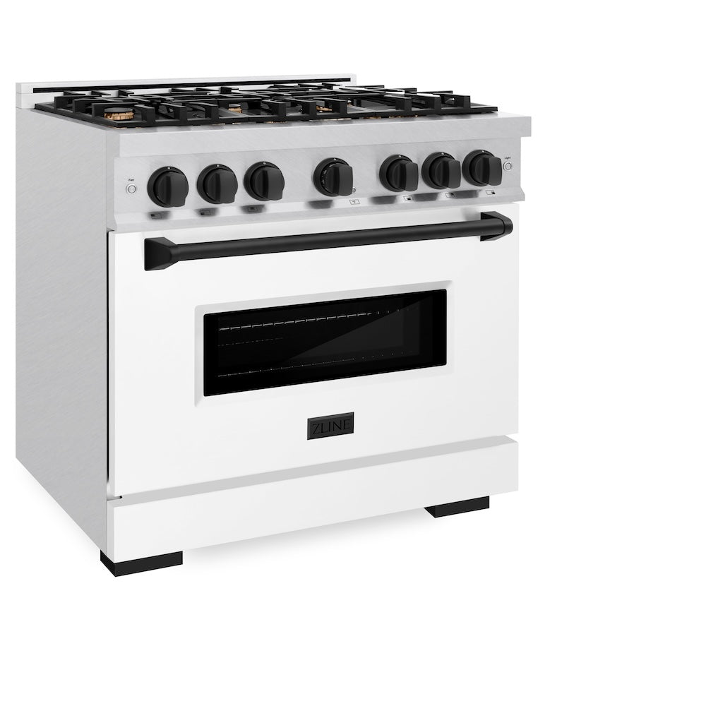 ZLINE Autograph Edition 36 in. 5.2 cu. ft. Classic Gas Range with 6 Burner Cooktop and Convection Gas Oven in Satin Stainless Steel with White Matte Door and Matte Black Accents (CGRSZ-WM-36-MB) side.