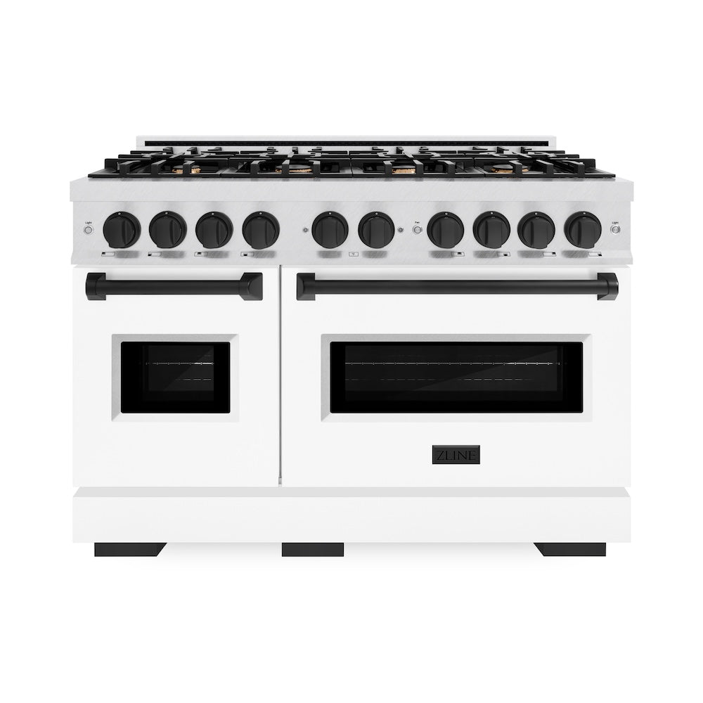 ZLINE Autograph Edition 48 in. 6.7 cu. ft. Classic Double Oven Gas Range with 8 Burner Cooktop in Satin Stainless Steel with White Matte Doors and Matte Black Accents, Open Box-Great Condition