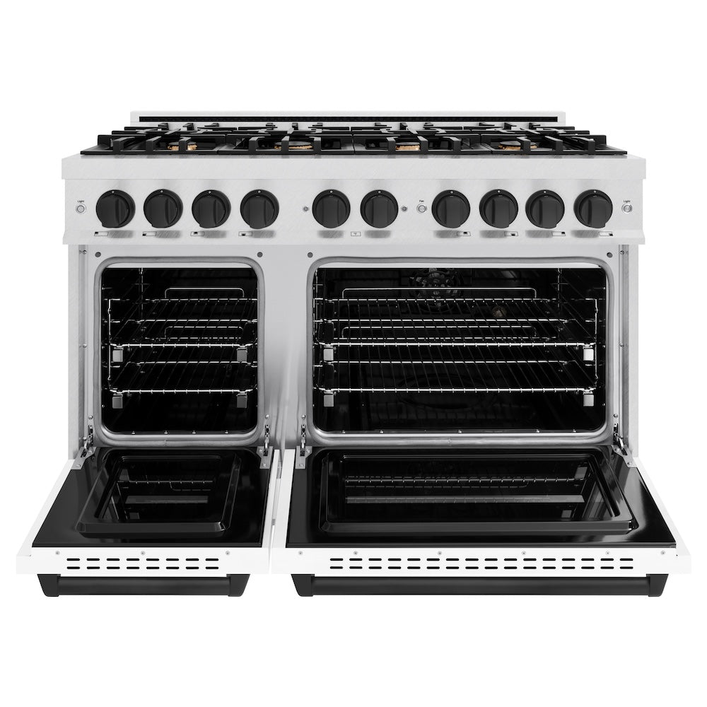 ZLINE Autograph Edition 48 in. 6.7 cu. ft. Classic Double Oven Gas Range with 8 Burner Cooktop in Satin Stainless Steel with White Matte Doors and Matte Black Accents (CGRSZ-WM-48-MB) front, oven open.