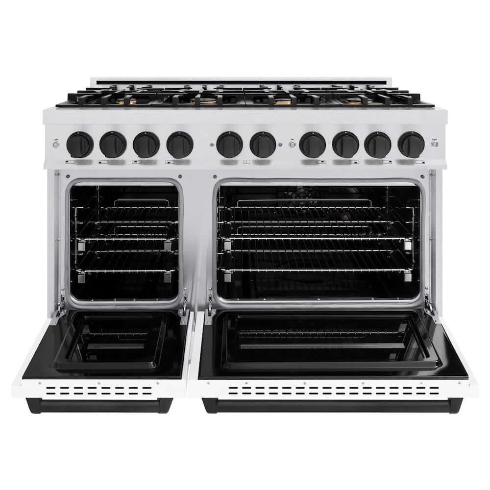 ZLINE Autograph Edition 48 in. 6.7 cu. ft. Classic Double Oven Gas Range with 8 Burner Cooktop in Satin Stainless Steel with White Matte Doors and Matte Black Accents, Open Box-Good Condition