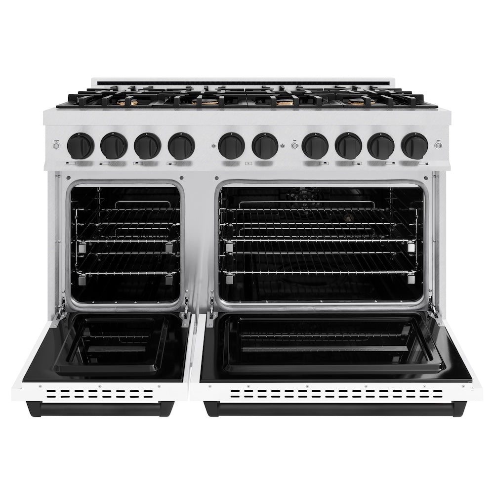 ZLINE Autograph Edition 48 in. 6.7 cu. ft. Classic Double Oven Gas Range with 8 Burner Cooktop in Satin Stainless Steel with White Matte Doors and Matte Black Accents, Open Box-Great Condition