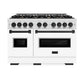 ZLINE Autograph Edition 48 in. 6.7 cu. ft. Classic Double Oven Gas Range with 8 Burner Cooktop in Satin Stainless Steel with White Matte Doors and Matte Black Accents (CGRSZ-WM-48-MB) front.