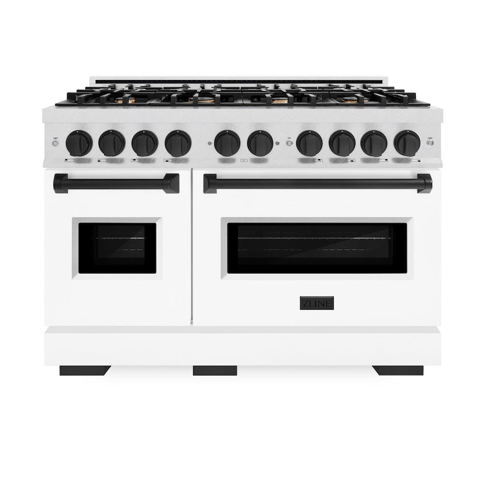 ZLINE Autograph Edition 48 in. 6.7 cu. ft. Classic Double Oven Gas Range with 8 Burner Cooktop in Satin Stainless Steel with White Matte Doors and Matte Black Accents (CGRSZ-WM-48-MB) front.