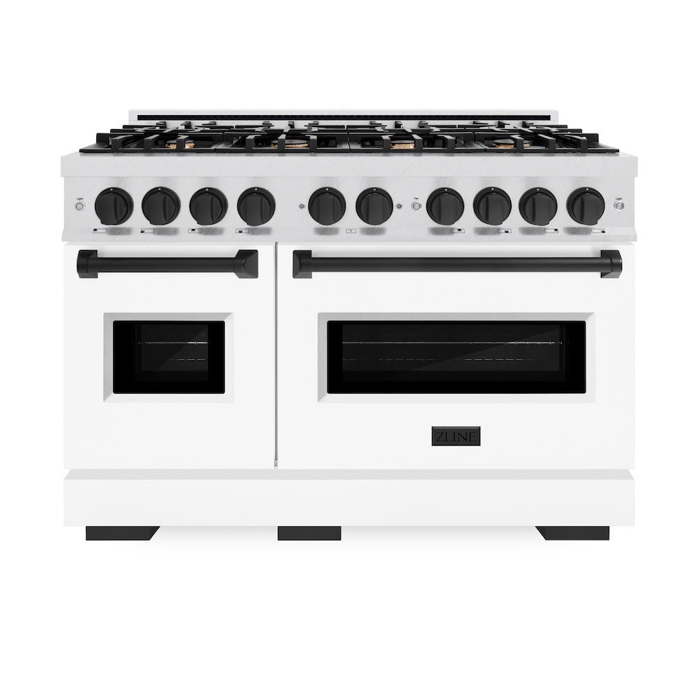ZLINE Autograph Edition 48 in. 6.7 cu. ft. Classic Double Oven Gas Range with 8 Burner Cooktop in Satin Stainless Steel with White Matte Doors and Matte Black Accents, Open Box-Great Condition