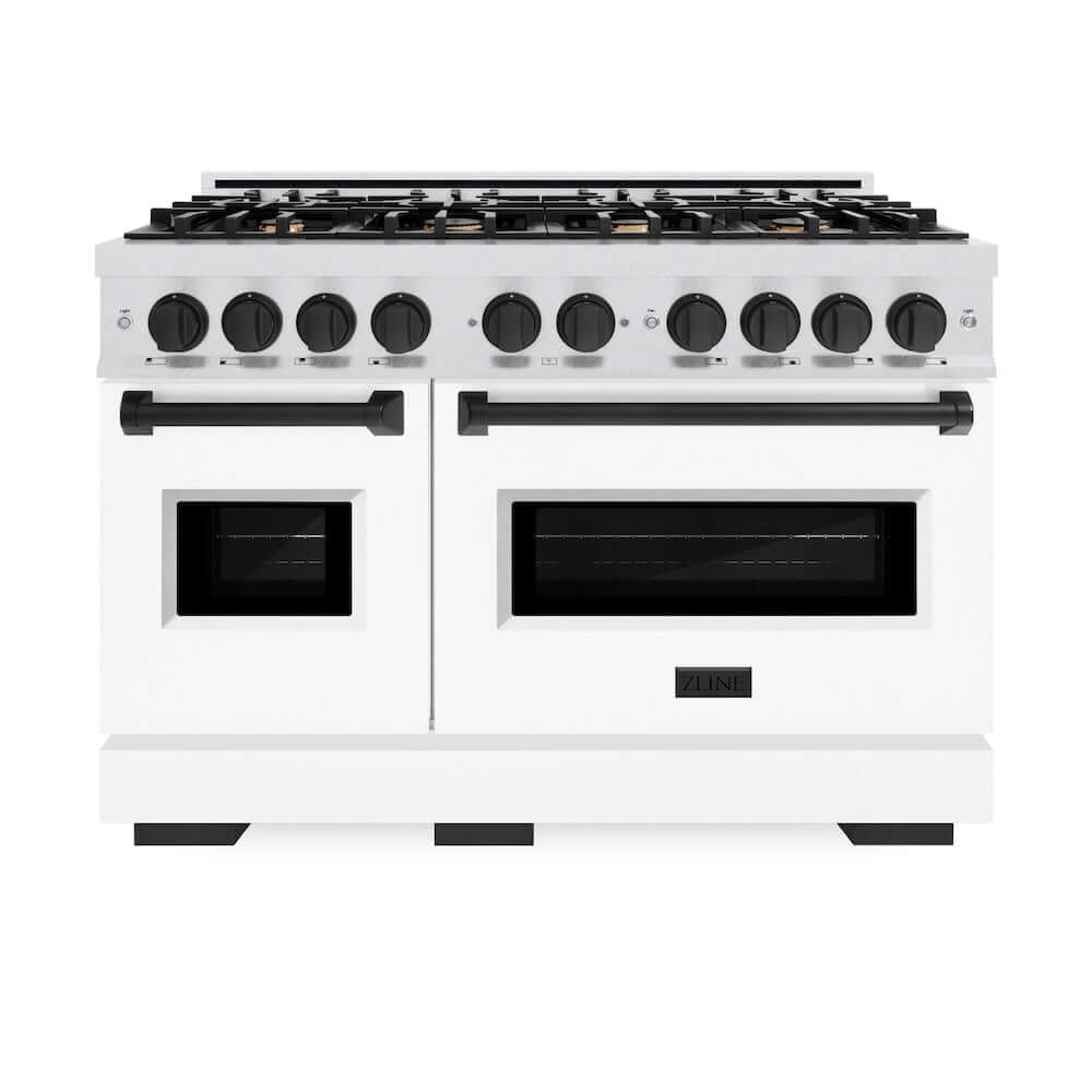 ZLINE Autograph Edition 48 in. 6.7 cu. ft. Classic Double Oven Gas Range with 8 Burner Cooktop in Satin Stainless Steel with White Matte Doors and Matte Black Accents, Open Box-Good Condition