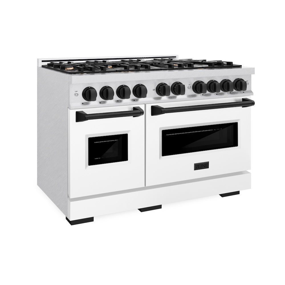 ZLINE Autograph Edition 48 in. 6.7 cu. ft. Classic Double Oven Gas Range with 8 Burner Cooktop in Satin Stainless Steel with White Matte Doors and Matte Black Accents, Open Box-Great Condition