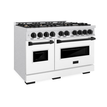 ZLINE Autograph Edition 48 in. 6.7 cu. ft. Classic Double Oven Gas Range with 8 Burner Cooktop in Satin Stainless Steel with White Matte Doors and Matte Black Accents, Open Box-Great Condition