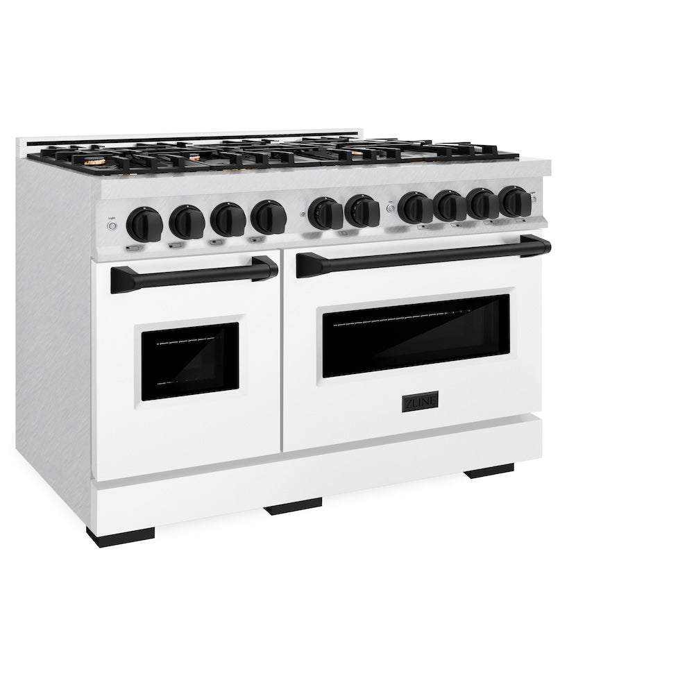 ZLINE Autograph Edition 48 in. 6.7 cu. ft. Classic Double Oven Gas Range with 8 Burner Cooktop in Satin Stainless Steel with White Matte Doors and Matte Black Accents (CGRSZ-WM-48-MB) side.