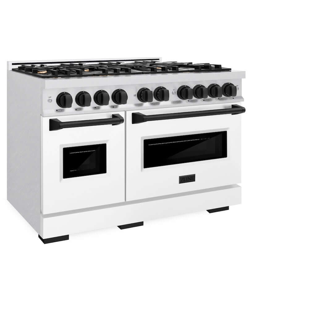 ZLINE Autograph Edition 48 in. 6.7 cu. ft. Classic Double Oven Gas Range with 8 Burner Cooktop in Satin Stainless Steel with White Matte Doors and Matte Black Accents, Open Box-Good Condition