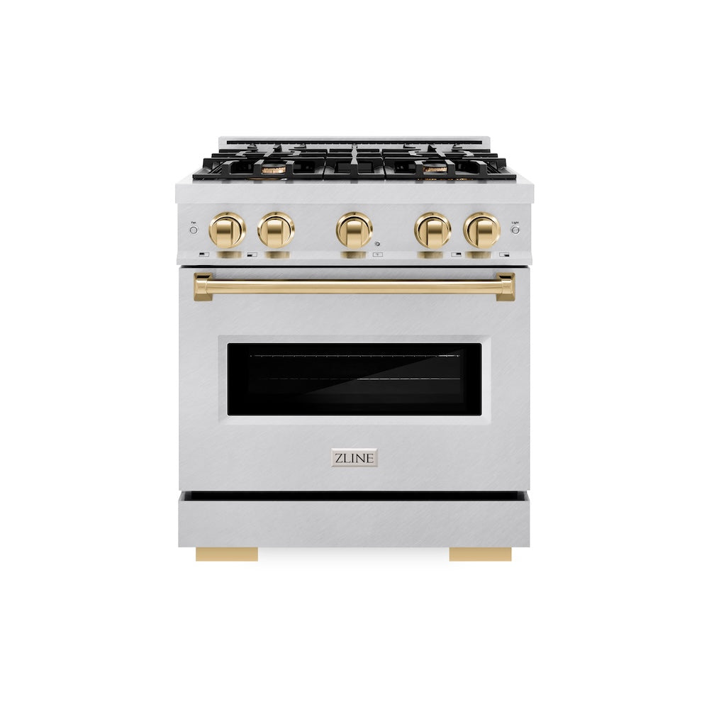 ZLINE Autograph Edition 30 in. 4.2 cu. ft. Classic Gas Range with 4 Burner Cooktop and Convection Gas Oven in Satin Stainless Steel and Polished Gold Accents, Open Box-Great Condition