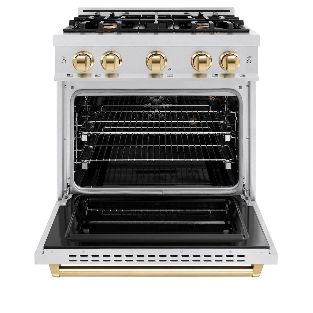 ZLINE Autograph Edition 30 in. 4.2 cu. ft. Classic Gas Range with 4 Burner Cooktop and Convection Gas Oven in Satin Stainless Steel and Polished Gold Accents, Open Box-Great Condition