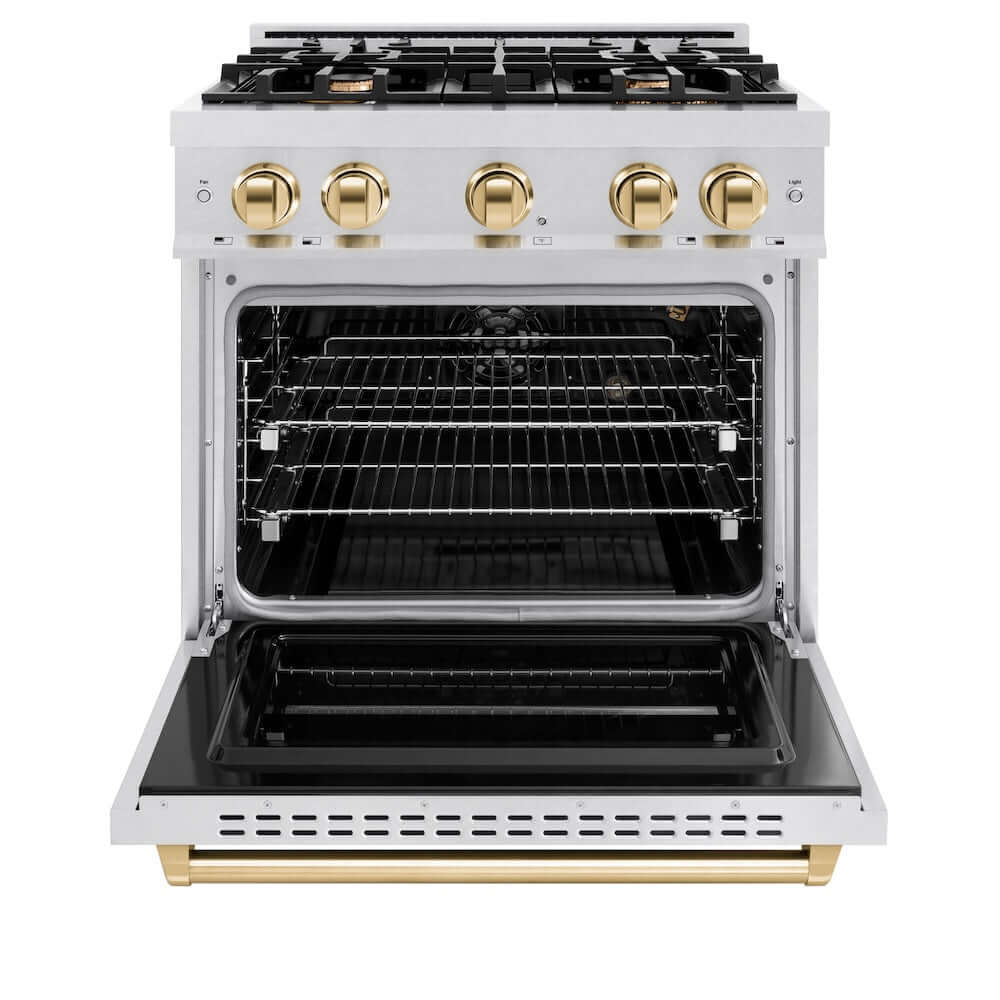 ZLINE Autograph Edition 30 in. 4.2 cu. ft. Classic Gas Range with 4 Burner Cooktop and Convection Gas Oven in Satin Stainless Steel and Polished Gold Accents, Open Box-Good Condition