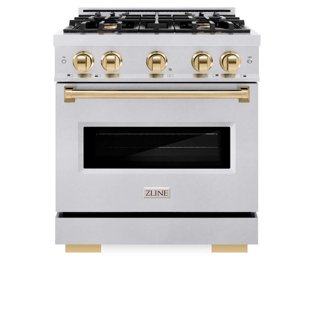 ZLINE Autograph Edition 30 in. 4.2 cu. ft. Classic Gas Range with 4 Burner Cooktop and Convection Gas Oven in Satin Stainless Steel and Polished Gold Accents, Open Box-Good Condition