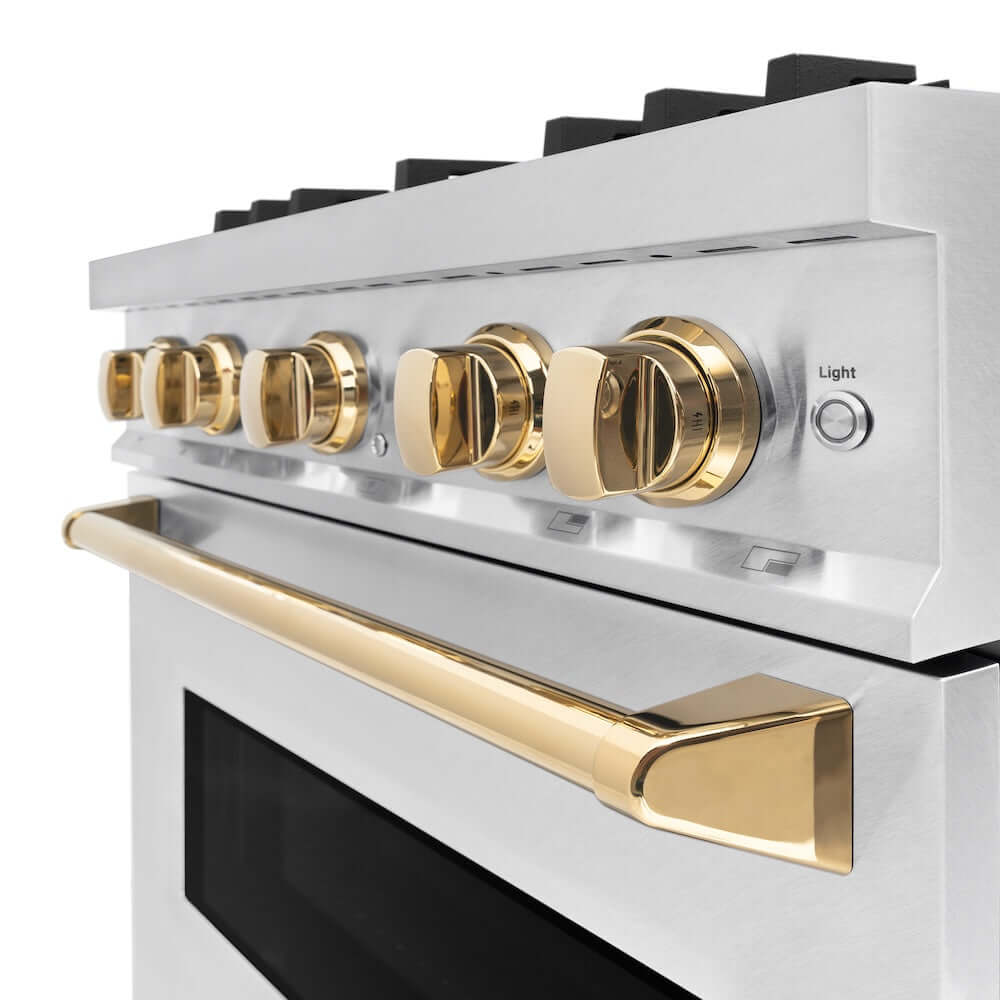 ZLINE Autograph Edition 30 in. 4.2 cu. ft. Classic Gas Range with 4 Burner Cooktop and Convection Gas Oven in Satin Stainless Steel and Polished Gold Accents, Open Box-Good Condition