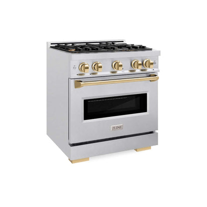 ZLINE Autograph Edition 30 in. 4.2 cu. ft. Classic Gas Range with 4 Burner Cooktop and Convection Gas Oven in Satin Stainless Steel and Polished Gold Accents, Open Box-Good Condition