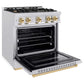 ZLINE Autograph Edition 30 in. 4.2 cu. ft. Classic Gas Range with 4 Burner Cooktop and Convection Gas Oven in Satin Stainless Steel and Polished Gold Accents, Open Box-Good Condition