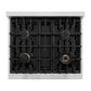 ZLINE Autograph Edition 30 in. 4.2 cu. ft. Classic Gas Range with 4 Burner Cooktop and Convection Gas Oven in Satin Stainless Steel and Polished Gold Accents (CGRSZ-30-G) top-down, above cooktop.